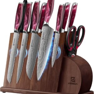 Piklohas Kitchen Knife Sets For Kitchen With Block, 14 Pieces With Magnetic Knife Holder, German High Carbon Stainless Steel Damascus Pattern Chef Knife Set With Sharpener, Steak Knives, Red