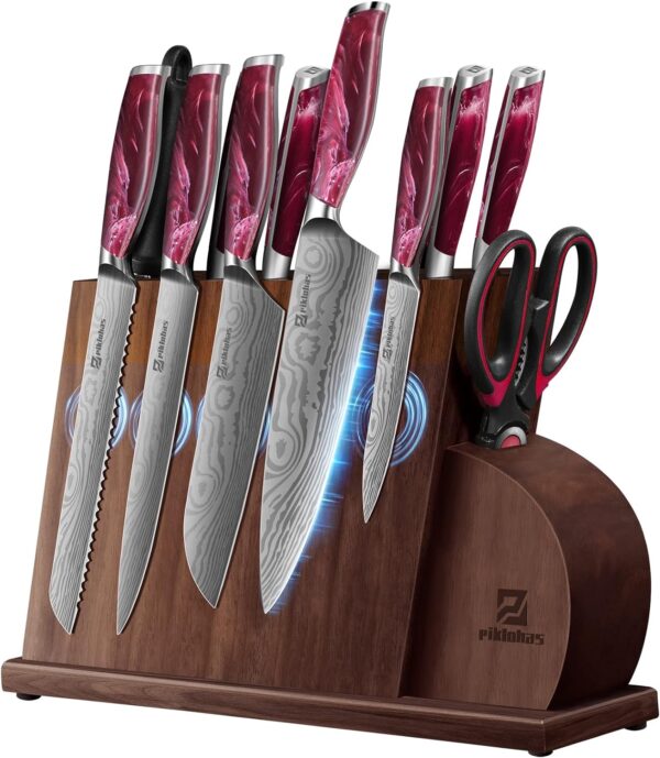 Piklohas Kitchen Knife Sets For Kitchen With Block, 14 Pieces With Magnetic Knife Holder, German High Carbon Stainless Steel Damascus Pattern Chef Knife Set With Sharpener, Steak Knives, Red