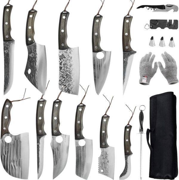 FULLHI 17pcs Butcher Chef Knife Set include sheath High Carbon Steel Cleaver Kitchen Knife Whole Tang Vegetable Cleaver Home BBQ Camping with Knife Bag