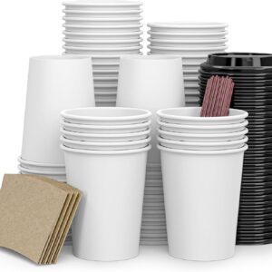 To Go Coffee Cups 12 oz Paper Coffee Cups,120 Pack Disposable Paper Coffee Cup with Lids,Sleeves,Straws,Hot/Cold Beverage Drinking Cup for Water,Juice,Coffee or Tea,Suitable for Home,Shops Cafes