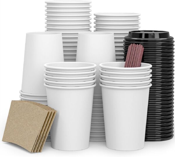 To Go Coffee Cups 12 oz Paper Coffee Cups,120 Pack Disposable Paper Coffee Cup with Lids,Sleeves,Straws,Hot/Cold Beverage Drinking Cup for Water,Juice,Coffee or Tea,Suitable for Home,Shops Cafes