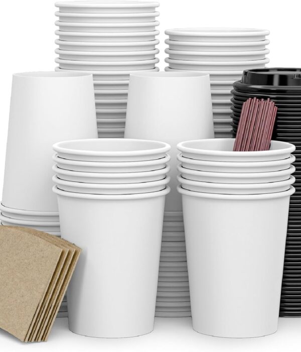 To Go Coffee Cups 12 oz Paper Coffee Cups,120 Pack Disposable Paper Coffee Cup with Lids,Sleeves,Straws,Hot/Cold Beverage Drinking Cup for Water,Juice,Coffee or Tea,Suitable for Home,Shops Cafes