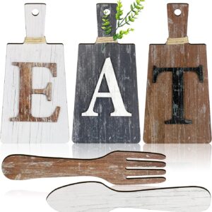 Jetec Cutting Board Eat Sign Set Hanging Art Fork and Spoon Rustic Primitive Country Farmhouse Wall Decor for Kitchen and Home (Gray, White, Brown)