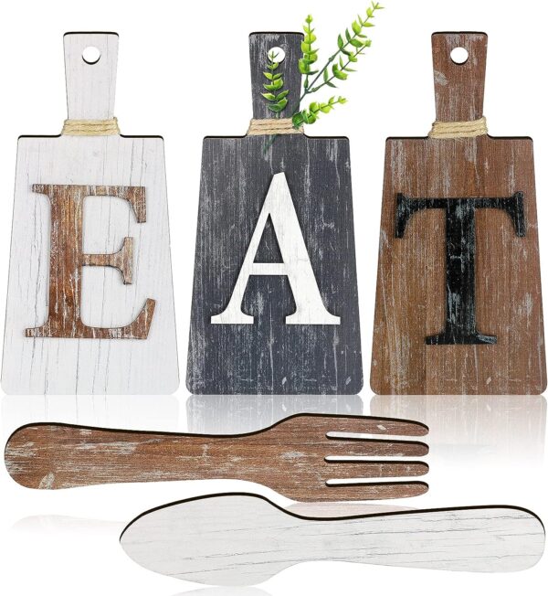 Jetec Cutting Board Eat Sign Set Hanging Art Fork and Spoon Rustic Primitive Country Farmhouse Wall Decor for Kitchen and Home (Gray, White, Brown)