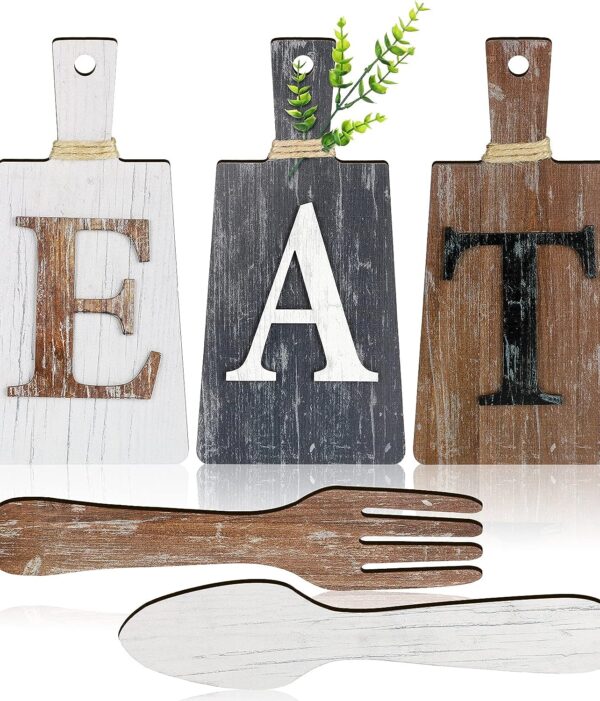 Jetec Cutting Board Eat Sign Set Hanging Art Fork and Spoon Rustic Primitive Country Farmhouse Wall Decor for Kitchen and Home (Gray, White, Brown)